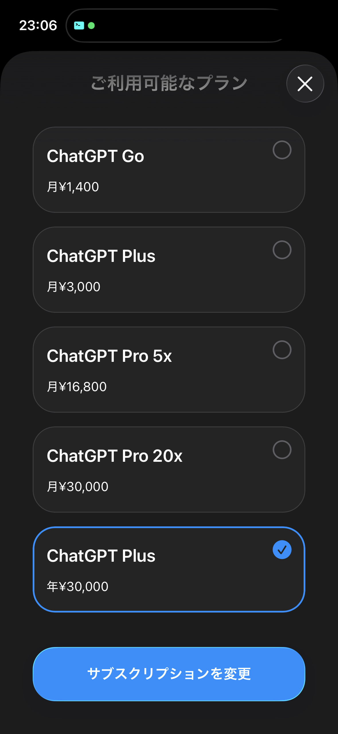 Appleの利用可能なプランに表示されたChatGPT Plus年額30,000円。