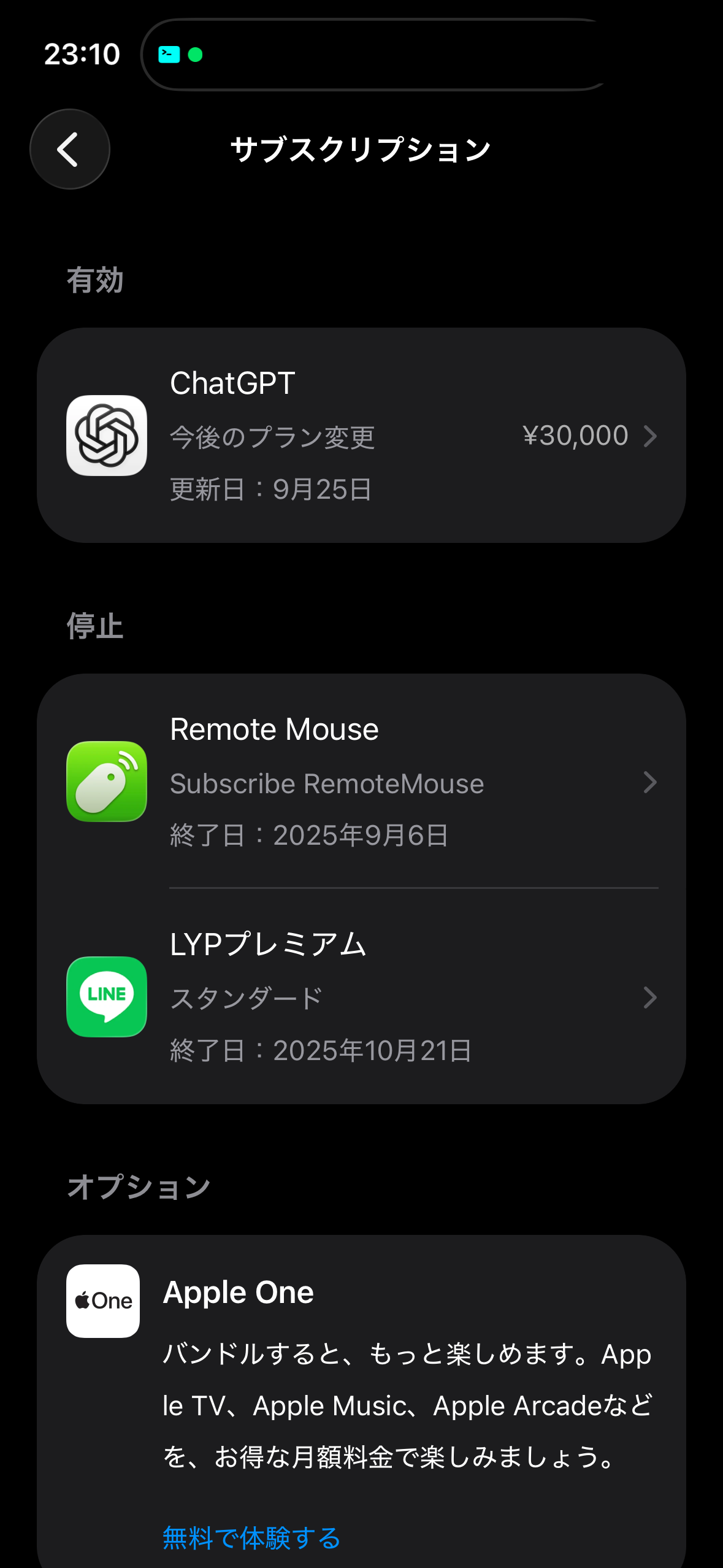Appleサブスクリプションに表示された「今後のプラン変更」と年額30,000円、更新日9月25日。
